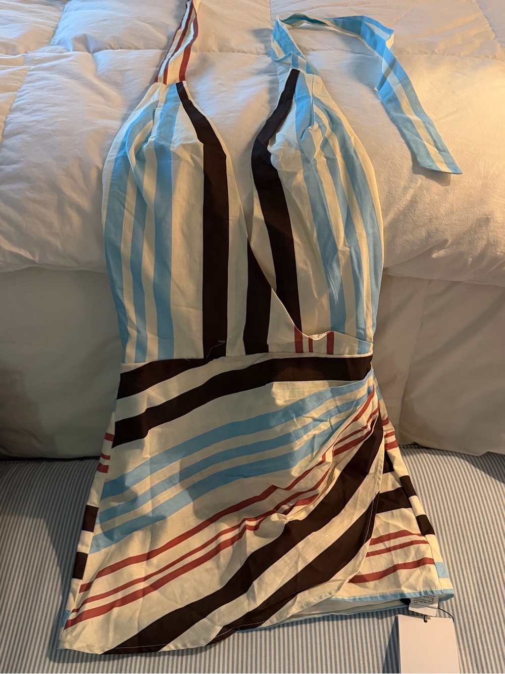 Striped Halter Mini Dress in Light Blue, Brown & Cream
